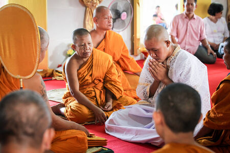 CHONBURI,THAILAND-F EBRUARY 23  The ordination in traditional Thai buddhist culture at Wat Nong Kraw on Feb 23, 2014 in Chonburi,Thailand のeditorial素材