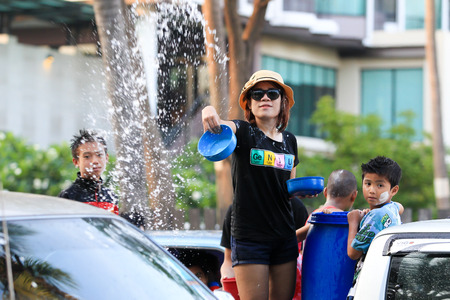 CHONBURI,THAILAND-A PRIL 17 2014  Songkran Festival is celebration in a traditional New Year s Day from April 13 to 17,People enjoy with the splashing water together in Bangsan-Chonburi, Thailand のeditorial素材