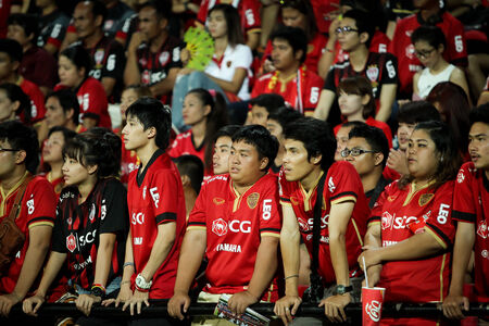 BANGKOK,THAILAND-MA Y 4  Fan club of SCG Muangthong United during the TPL 2014 between SCG Muangthong United and Suphanburi FC at SCG Stadium on May 4, 2014 in Bangkok,Thailand のeditorial素材