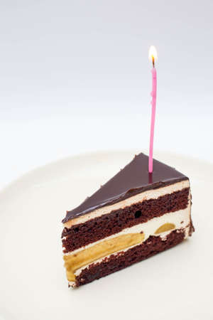 Chocolate cake with burning birthday candle.の写真素材