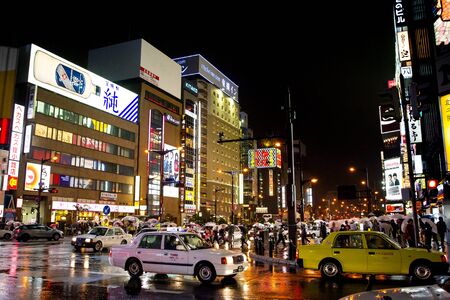 Night life city after rainning in Sapporo city Hokkaido Japan.のeditorial素材