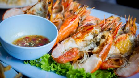 Thai grilled shimp on dash.の写真素材