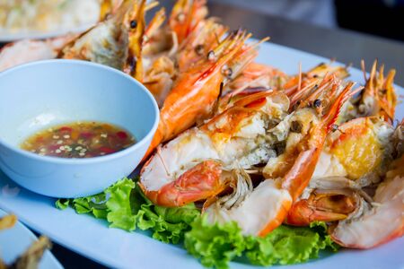 Famous Thai grilled shimp on dash.の写真素材