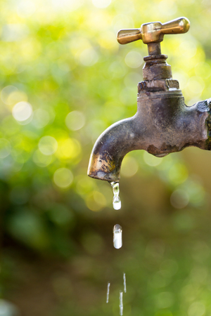 Brass water tap in nature background.の写真素材