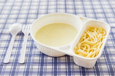 Spaghetti carbonara in box close up.の写真素材