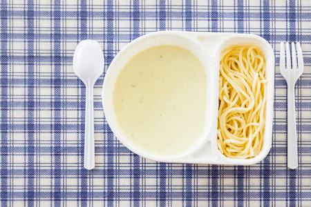 Spaghetti carbonara in box close up.の写真素材