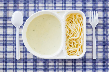 Spaghetti carbonara in box close up.の写真素材