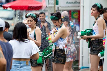 CHAINGMAI, THAILAND-APRIL 13: Thai and foreign tourist enjoy splashing a water in Songkarn Festival 2017 between April 13-15, 2017 in Chaingmai.のeditorial素材
