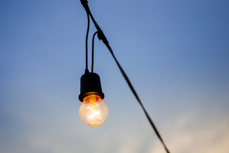 Vintage yellow light bulb hanging under the power cable, decorated in the back yard garden.