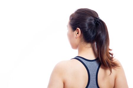Portrait of beautiful Asian woman in sport bra close up.  isolated on white background