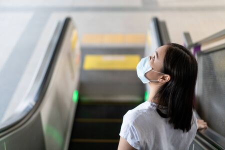 Woman wearing a hygiene protective mask to protect COVID19 virus and pm2.5 pollution while traveling...