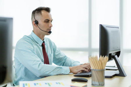 Caucasian ethnicity online sales representative making a video call with customer in office, video...