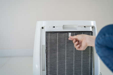 Asian woman changing an air purifier filter close up.の写真素材