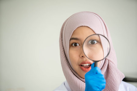 Asian Muslim scientist looking through magnifier to the camera close up with copyspace. Scientist examine the sample in laboratory. Modern Muslim woman working in laboratory concept.の写真素材