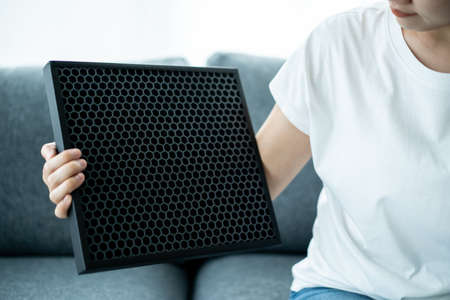 Beautiful Asian young woman holding a HEPA carbon air purifier filter in living room, woman prepare a air purifier filter to be replace the old one. Healthcare and good living lifestyle concept.の写真素材