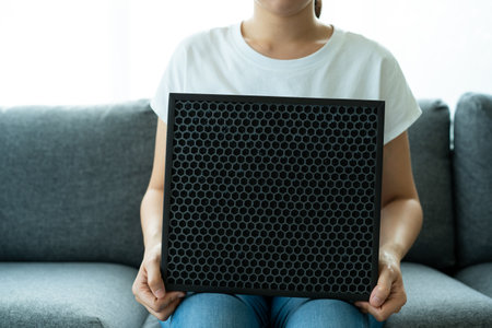 Beautiful Asian young woman holding a HEPA carbon air purifier filter in living room, woman prepare a air purifier filter to be replace the old one. Healthcare and good living lifestyle concept.の写真素材