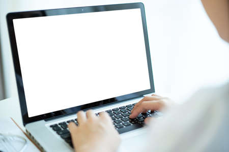 Isolated with clipping path, doctor using laptop computer for video chat or video conference with a...