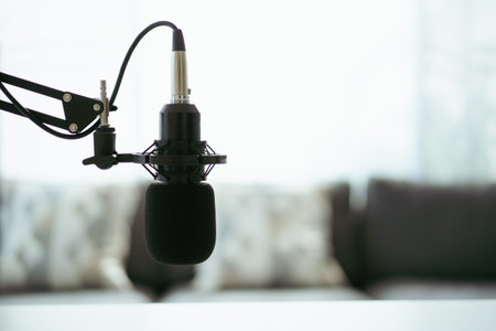Home sound recording studio and equipment including professional condenser microphone, headphones, and laptop computer for audio mixing. Digital audio sound recording studio at home.の写真素材