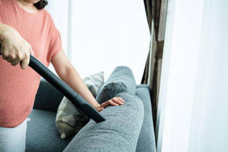 Asian housewife using a wireless vacuum machine to clean a sofa in living room close up. Asian housekeeper vacuuming in living room. Chores and daily housework activities concept.の写真素材
