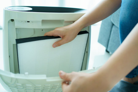 Asian young woman changing - fixing a dirty air purifier HEPA filter after using for a long time. A repairman replacing and installing the air purifier filter. Healthcare and wellbeing.の写真素材