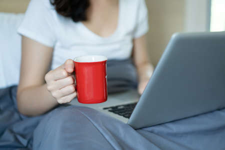 Asian young woman's portrait in working at home concept. Happy Asian woman showing OK sign during...