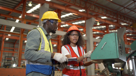 senior engineers inspecting the machines in the factory together, two Industrial engineers walking and inspecting the old machine in factory or warehouse.の写真素材