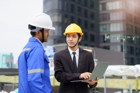 Professional Asian foreman and construction manager talking - discussing about building structure plant together. Businessman and construction engineer having a discussion.の写真素材
