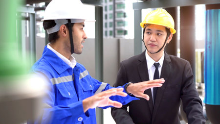 Professional Asian foreman and construction manager talking - discussing about building structure plant together. Businessman and construction engineer having a discussion.の写真素材