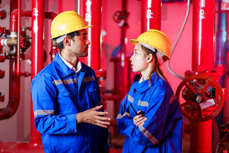 Professional building system maintenance engineers inspecting or checking the pumping and gas system in the maintenance service area in building.の写真素材
