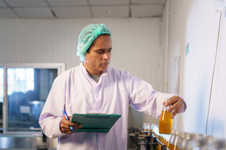 Senior professional quality control officer inspecting the manufacturing line and computer system in the beverage bottling factory. Industrial or machinery engineer inspecting and fixing the machines.の写真素材