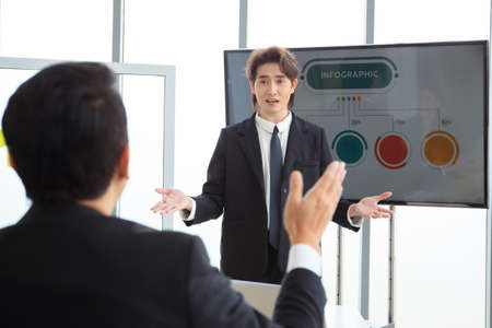 Happy Asian senior businessman making an annual or fiscal year business plan meeting together and clapping a hands. Cheerful executive businessmen and businesswomen discussing about their business.の写真素材