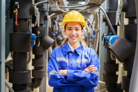 Professional female Asian system engineer smiling and looking at camera, woman foreman posing for photography. Asian woman engineer making arms crossed and smiling to camera.の写真素材