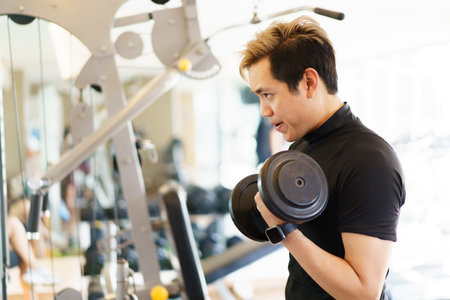 Active Asian sportsman doing a weight exercise in a gym - fitness by lifting up a dumbbell, man sitting on a exercise bench and lift up dumbbells. Sportsman making a shoulder and arms exercise.の写真素材