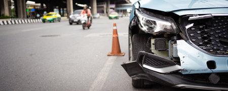 Front of the modern vehicle have a heavy - major damaged. Car crash - accident on the road.の写真素材