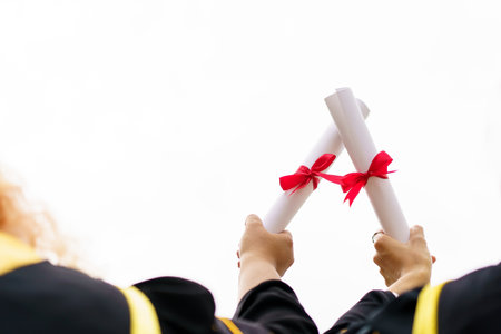 Happy Asian graduate student holding the diplomas on hand during the university graduation ceremony. Master degree student in gown suit holding a diplomas for photography.の写真素材