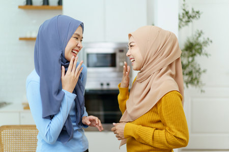 Happy cheerful Asian muslim women friend waving a hands and smiling to camera. Asian young muslim women colleague in relax lifestyle.の写真素材