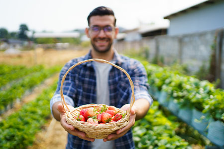 Happy Asian strawberry male worker collecting or harvesting a red strawberry fruits in the organic strawberry farm.の写真素材