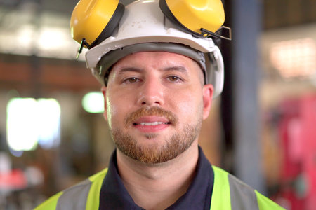 Happy caucasian white male factory worker or engineer portrait, a senior professional engineer or foreman portrait in factory.の写真素材