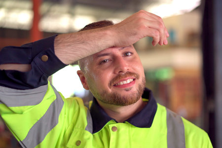 Happy caucasian white male factory worker or engineer portrait, a senior professional engineer or foreman portrait in factory.の写真素材