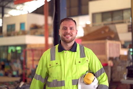 Happy caucasian white male factory worker or engineer portrait, a senior professional engineer or foreman portrait in factory.の写真素材