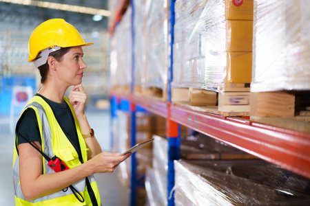 Happy cheerful caucasian white female warehouse worker using laser barcode reader to scan stock inventory in warehouse. Professional occupation in logistic industrial concept.の写真素材