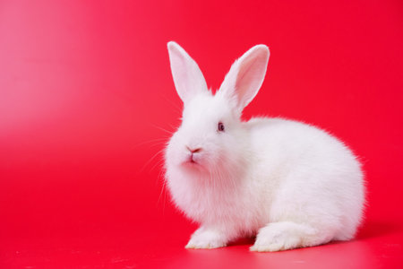 Beautiful white Netherland Dwarf bunny portrait on red background with copyspace. Easter Bunny portrait on festive red background.の写真素材