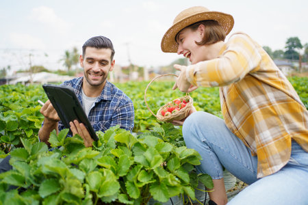 Happy cheerful male and female strawberry farmer or gardener inspecting a strawberry planting and agricultural products in a row, gardeners collecting and analyzing a strawberry growing information.の写真素材
