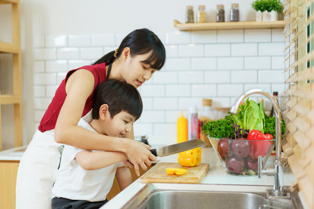 Happy cheerful mother and her little boy preparing a foods and vegetables in domestic kitchen together. Mum teaching her little son to cooking in kitchen.の写真素材