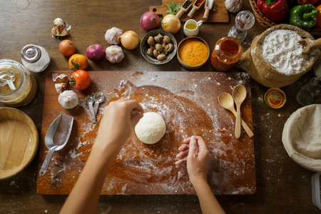 Happy cheerful Italian chef making a fresh pizza dough on wooden table in kitchen.の写真素材