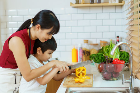 Happy cheerful mother and her little boy preparing a foods and vegetables in domestic kitchen together. Mum teaching her little son to cooking in kitchen.の写真素材