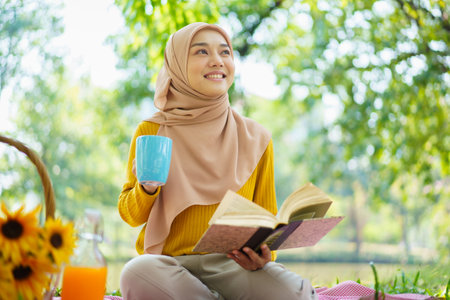 Happy cheerful Asian beautiful muslim woman sitting on the ground at the park and drinking a cup of tea in afternoon. Beautiful muslim woman relaxing and picnic in weekend.の写真素材