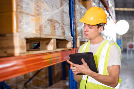 Professional warehouse staff using digital tablet to review the stock inventory on shelf in an import - export warehouse. Senior warehouse worker uses tablet to check an item on rack.の写真素材