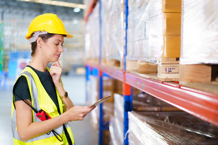 Happy cheerful caucasian white female warehouse worker using laser barcode reader to scan stock inventory in warehouse. Professional occupation in logistic industrial concept.の写真素材