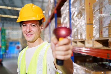 Professional warehouse staff using laptop computer - notebook to review the stock inventory on shelf in an import - export warehouse. Senior warehouse worker uses tablet to check an item on rack.の写真素材